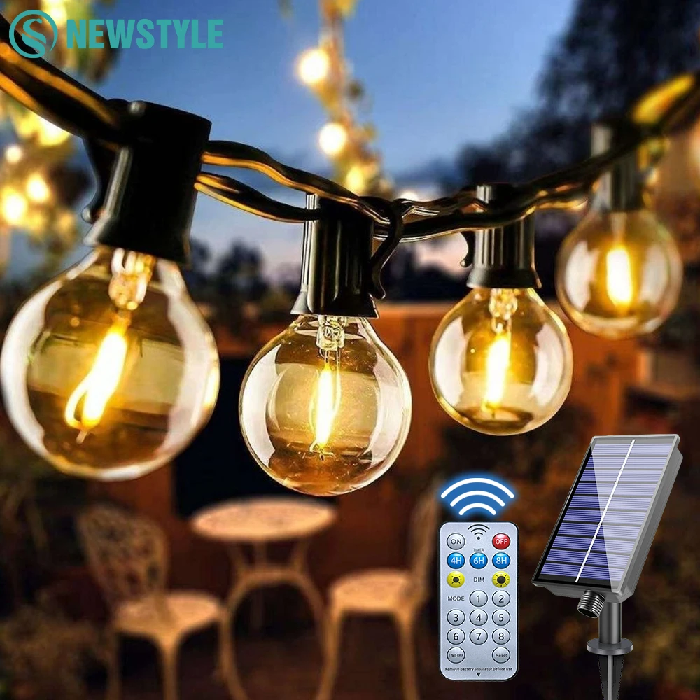 Guirnalda de luces solares G40 para exteriores con controles remotos, bombilla LED de globo inastillable IP65, luz impermeable para Patio para decoración de jardín