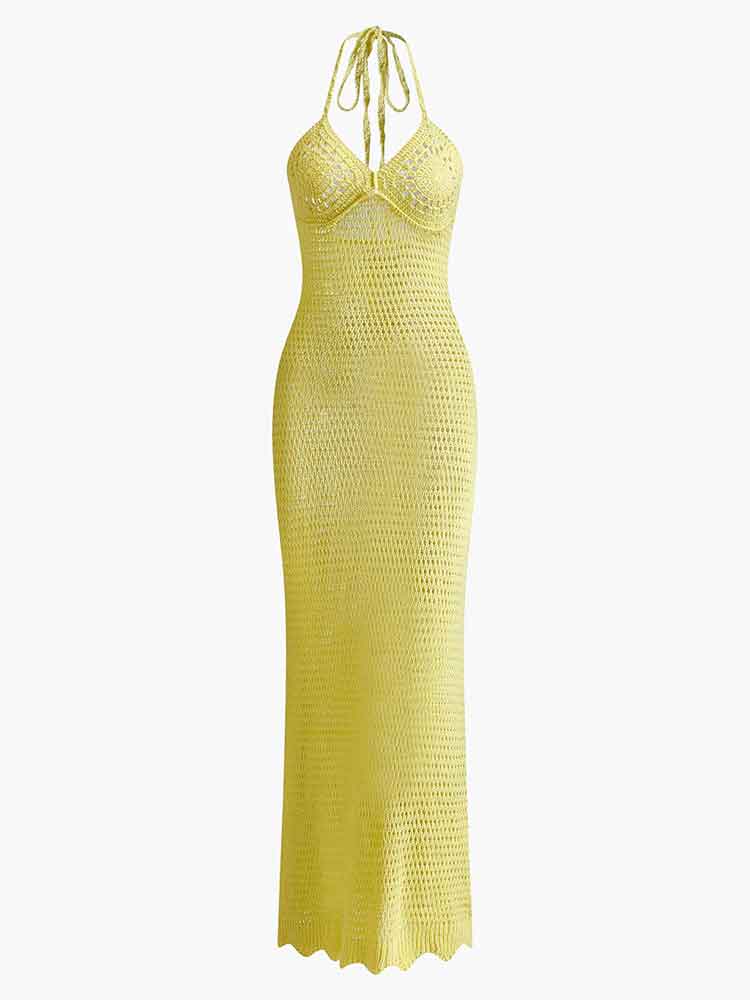 2024 Jednokolorowy seksowny dzianinowy wycięty wakacyjny kostium kąpielowy damski letni dekolt w szpic Spaghetti Strap Bodycon Beach Maxi Dress K32