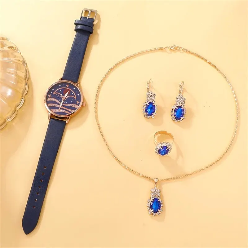 女性用クォーツ時計セット,女性用腕時計,moon dial,高級ブランド,デザイン,シンプル,女性用時計,ファッショナブル,5個
