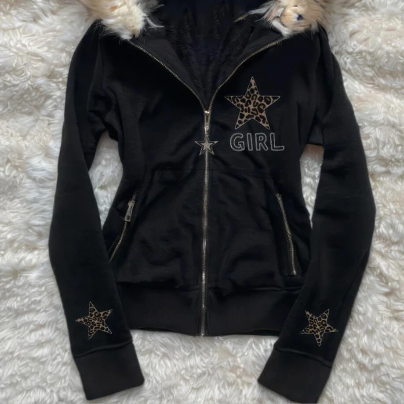 Outono e inverno retro preto estrela leopardo padrão feminino gola de pele com zíper com capuz moda rua harajuku jaqueta de cintura