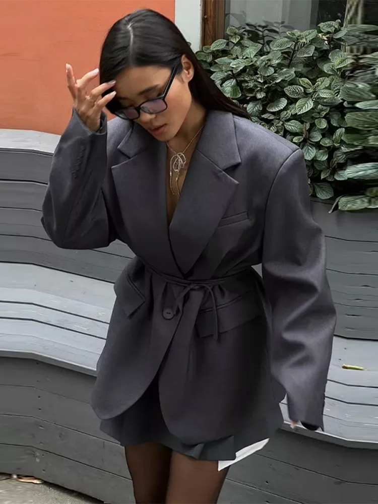 Elegante revers riem blazers jas dames casual lange mouwen zakken turn-down kraag tops herfst nieuwe dame chic stedelijke uitloper