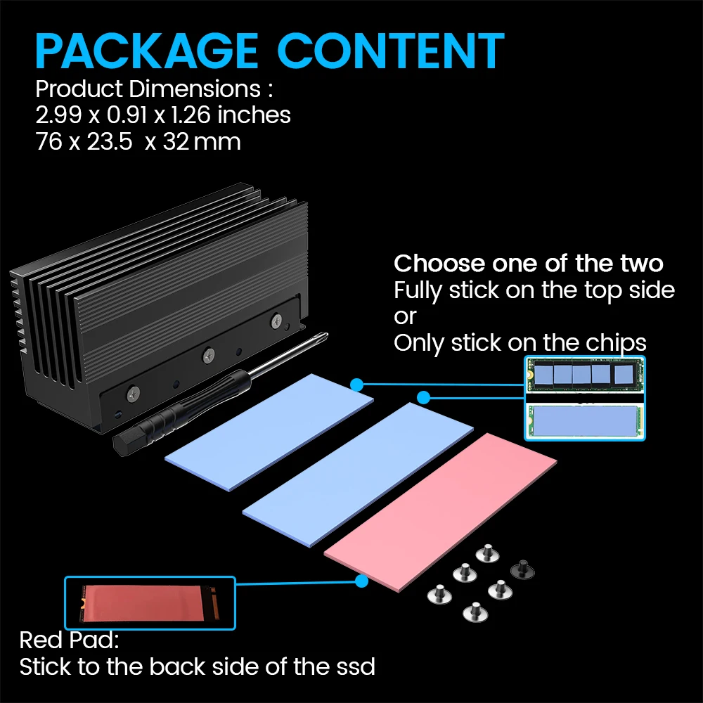 Refrigerador do dissipador de calor JEYI M.2 2280 SSD, dissipador de calor convexo de alumínio resistente, dissipadores de calor passivos com aletas, (35 ℃   Diminuir máx.)