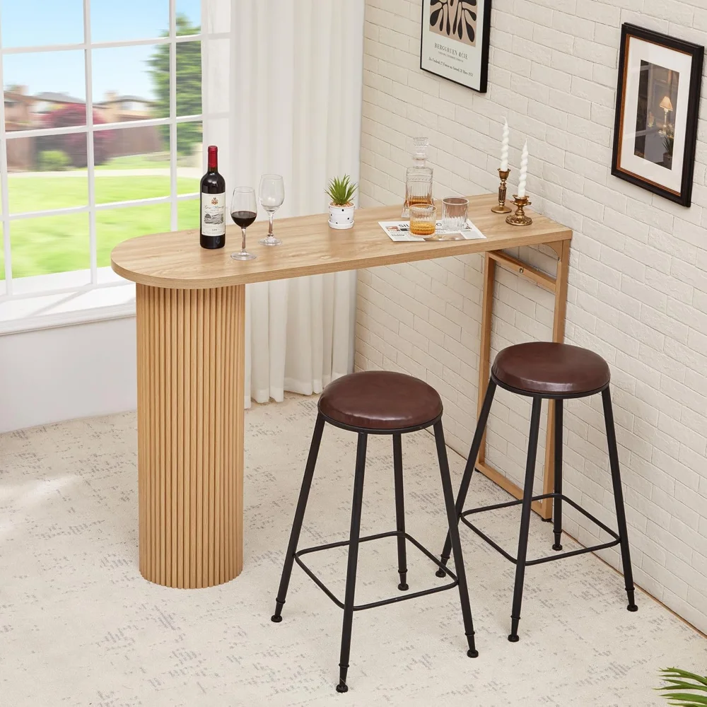 55" Long Bar Table, Fluted Wood Counter Height Pub Table, High Top Kitchen Breakfast Bar Tables with Sturdy Metal Frame