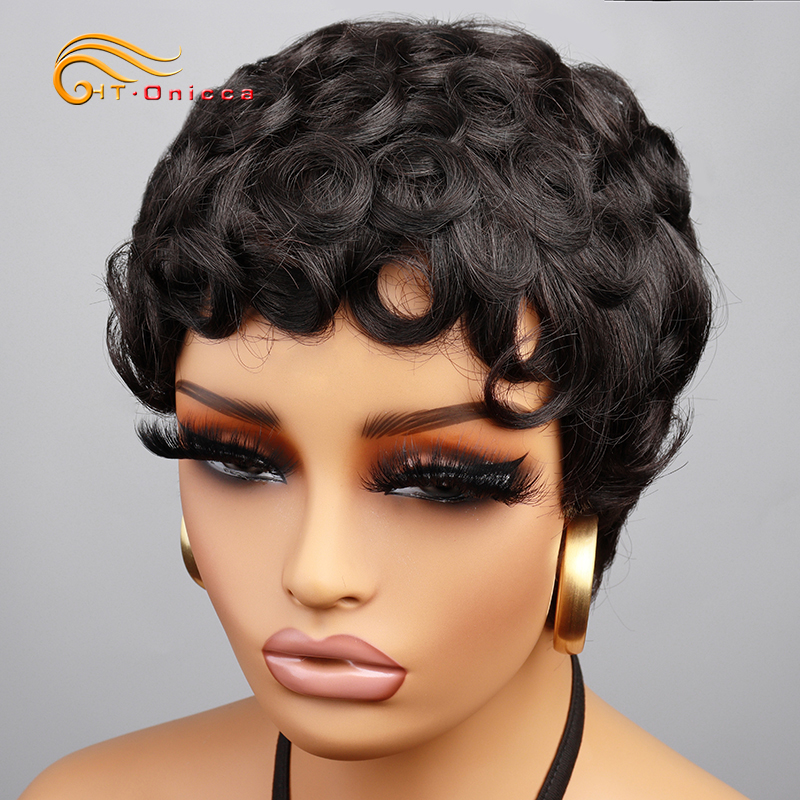 Pixie Cut Pruiken 100% Menselijk Haar Pruiken Kort Krullend Pixie Cut Pruiken Voor Zwarte Vrouwen Volledige Machine Gemaakt Pruik Pixie Krullend Zwart 1B Kleur