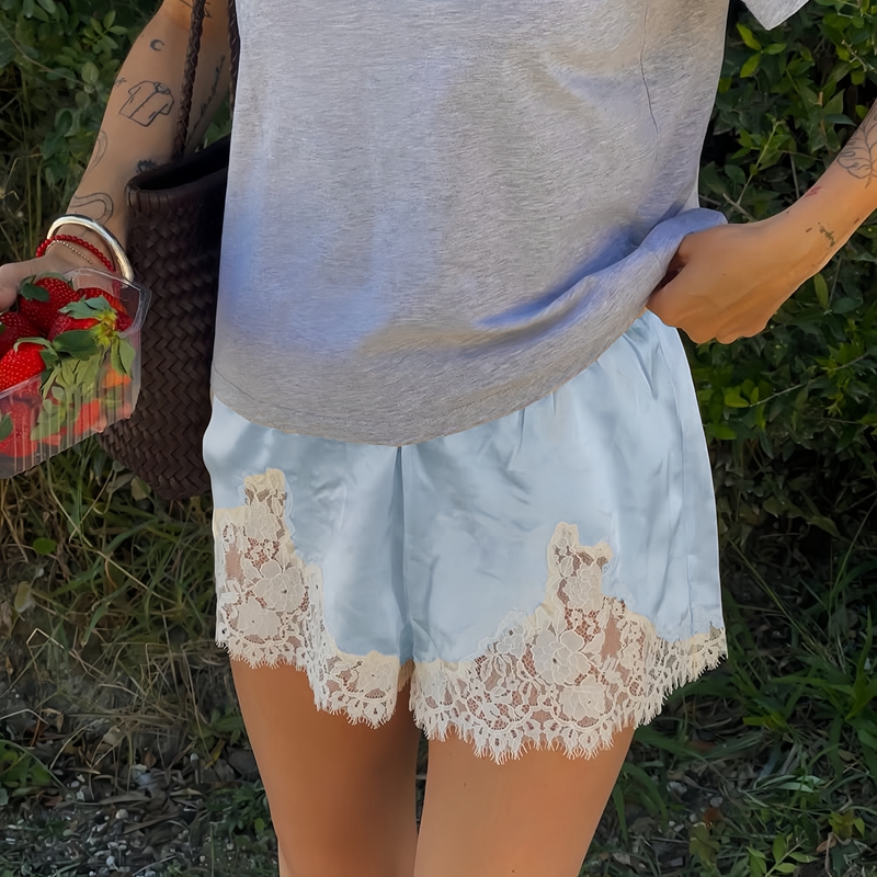 Short en Satin de soie et dentelle pour femmes, Patchwork, Vintage, taille haute, culotte de salon, confortable, doux, soyeux, bas de pyjama, short de sommeil élégant