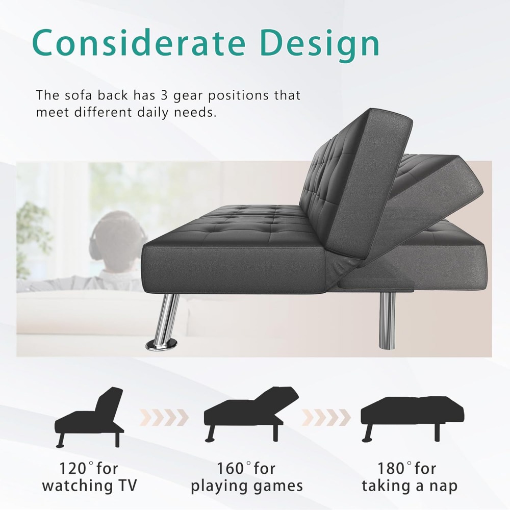 Futon Sofa Bed, Modern Folding Futon Set, Convertible Lounge Chair, Suitable for Living Room with 2 Cup Holders
