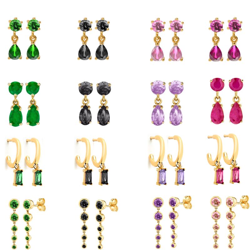 925 Sterling anting-anting kancing liontin persegi tetesan air jarum perak untuk wanita anting-anting emas kristal hitam/merah muda/ungu perhiasan