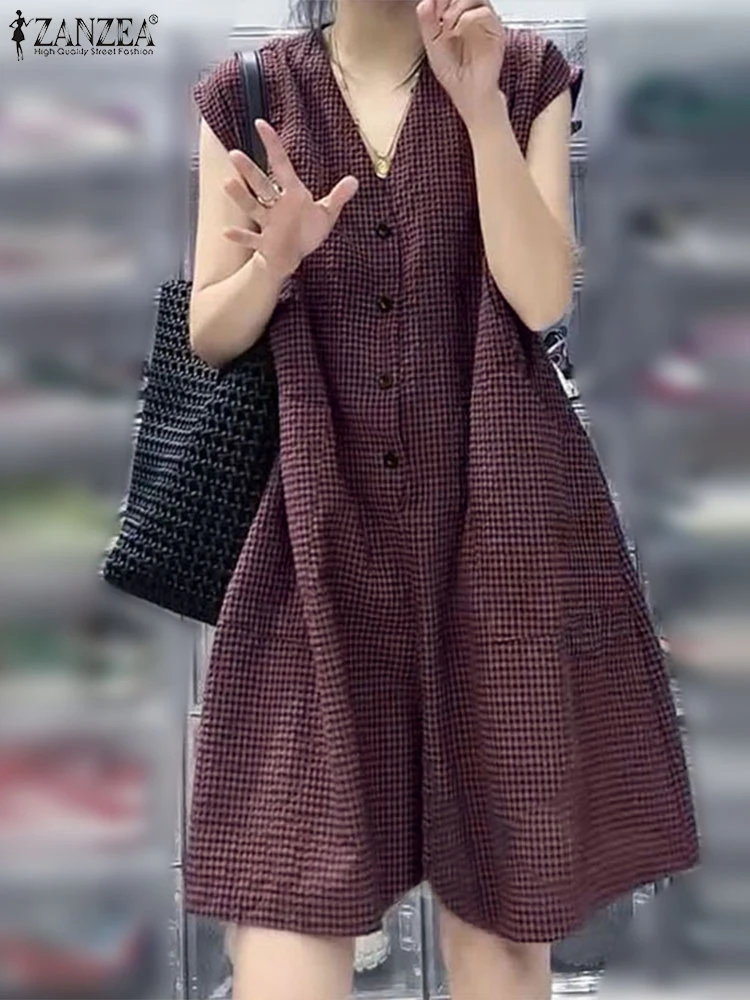 2023 ZANZEA Mode Vrouwen Wijde Pijpen Jumpsuits Zomer Plaid Geruite Overalls Broek Casual V-hals Mouwloos Werk Rompertjes Oversize