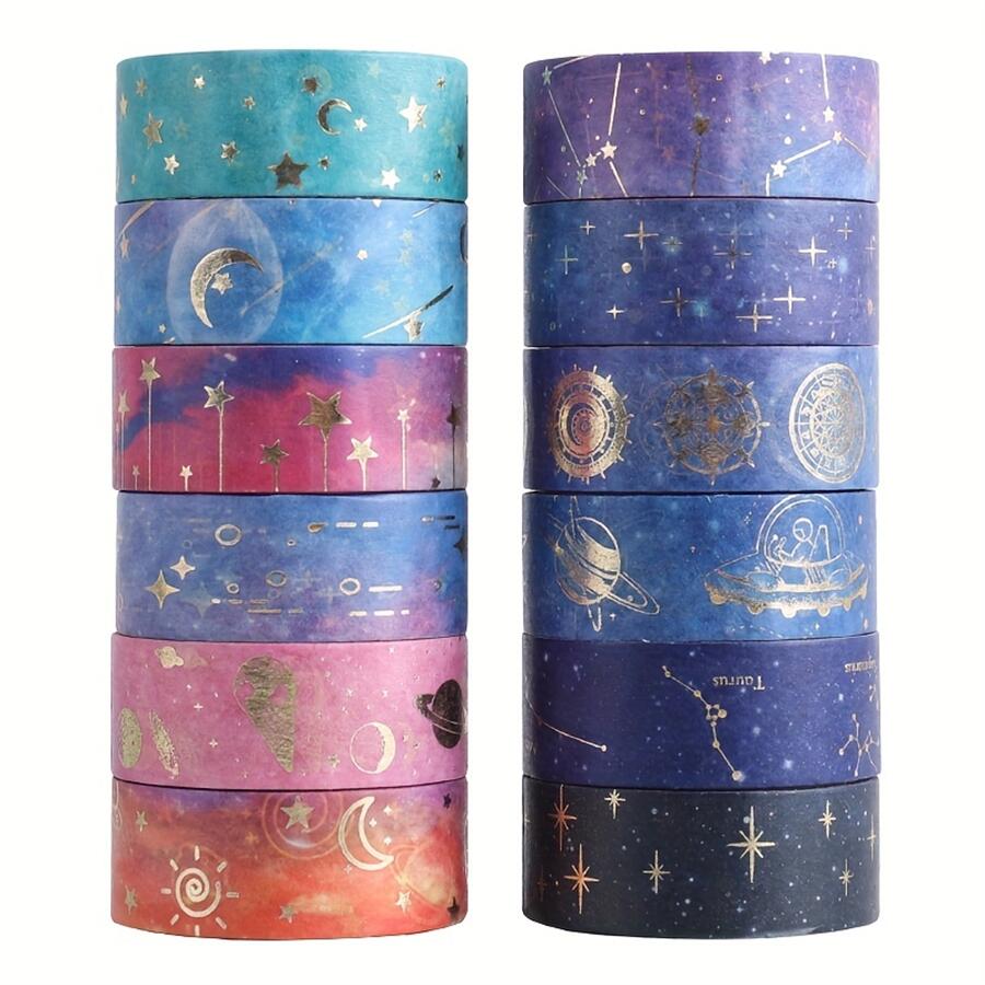 12-rollen Galaxy Washi Tape, goudfolie sterrenbeeld Washi Masking Tape, maan, sterren, hemels, DIY decoratieve papieren tape,Gi