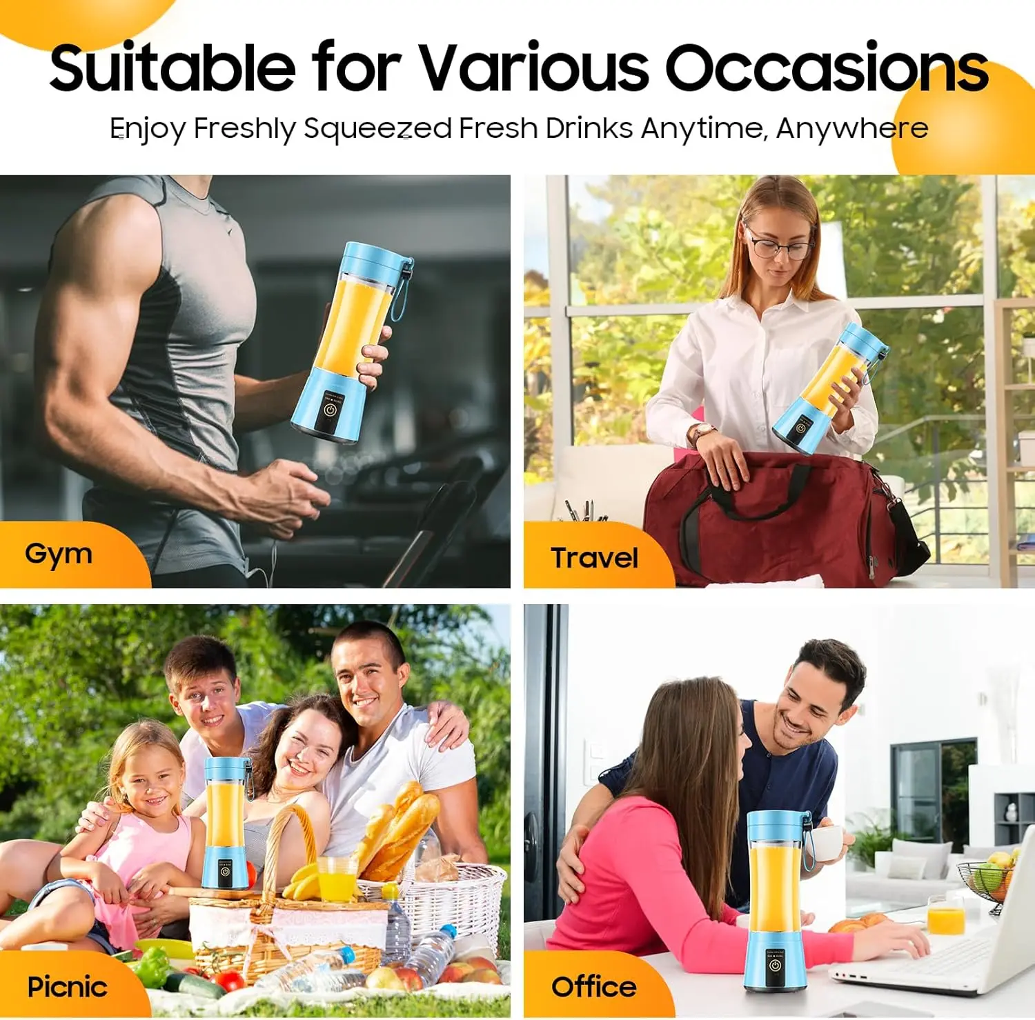 Taza exprimidora de frutas y verduras de viaje, licuadora portátil recargable por USB, minilicuadora de potencia de corte fuerte con 6 cuchillas, 380Ml