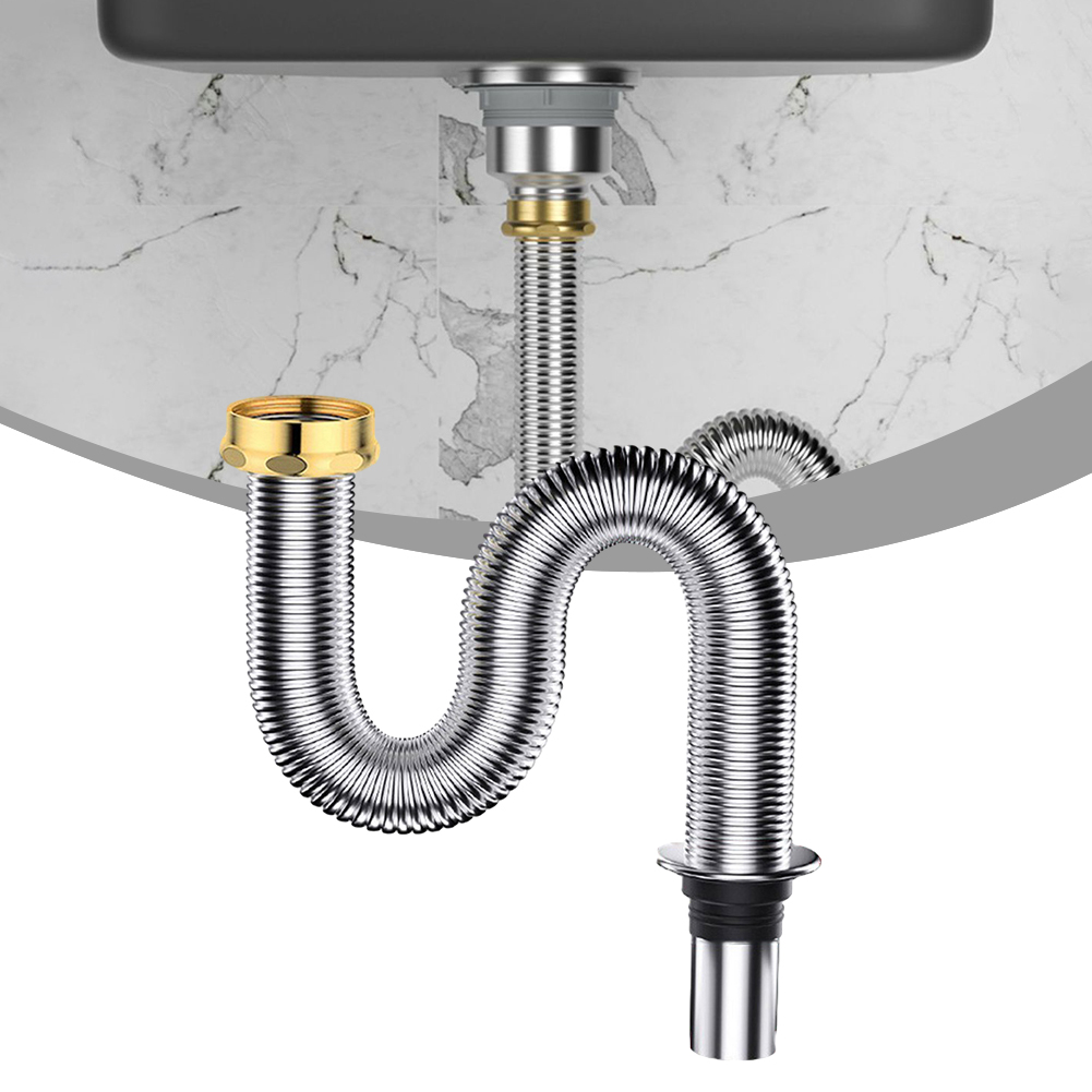 40/60cm Stainless Steel Bathroom Kitchen Sink Siphon Waste Drain Flexible Pipe Hose Home Retractable Drainage Tube