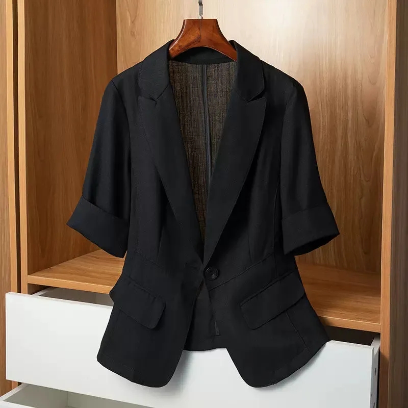 Blazer à manches courtes pour femmes, veste de loisirs mince, style coréen, nouveau document solide, manteau de finition imbibé, été 2024