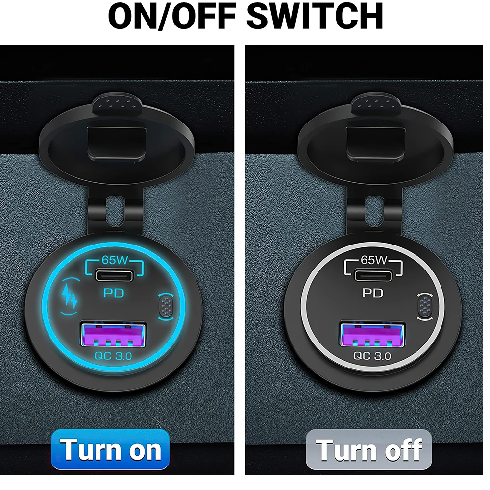 85w pd tipo c/qc 3.0 carregador de carro usb com interruptor tomada de carga rápida adaptador à prova dwaterproof água para 12v 24v carro caminhão barco