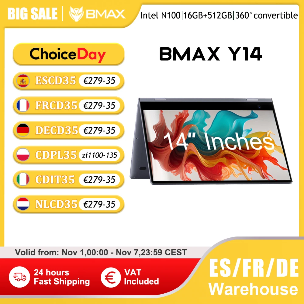 BMAX Y14 2025 360 °   Laptop 14-calowy dotykowy notebook 16 GB RAM LPDDR5 512 GB SSD Windows 11 1920*1080 IPS Intel N100 Laptopy Komputer