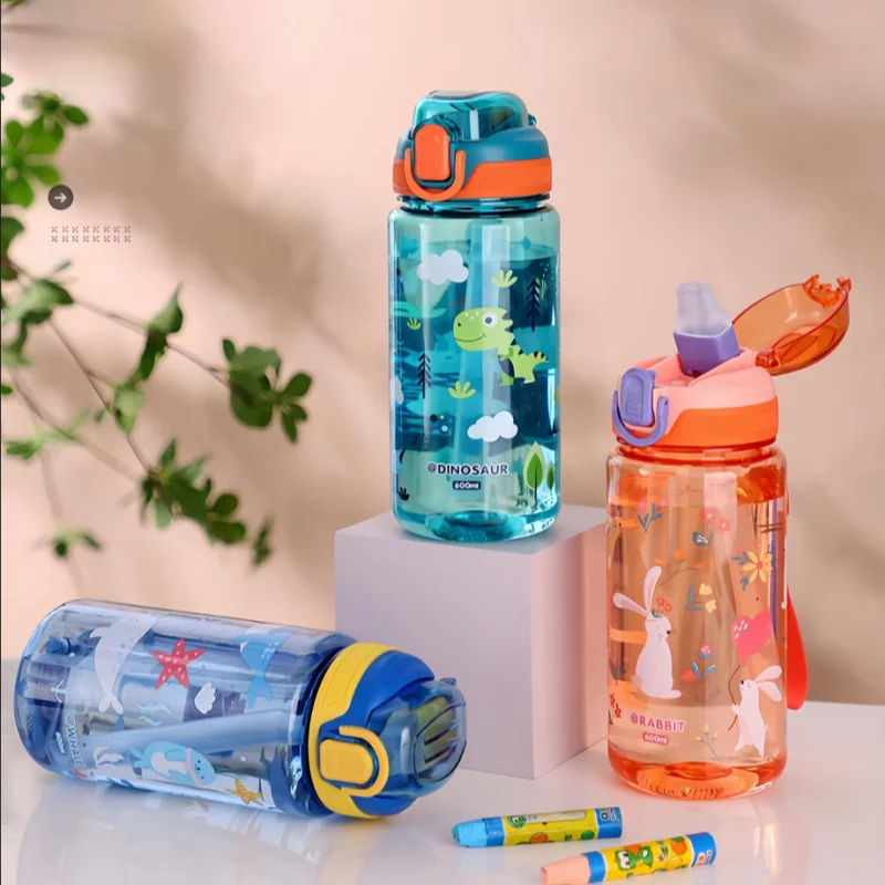 600ml Dinosaurus Waterfles Voor Kinderen Water Sippy Cup Met Siliconen Stro Lekvrij Plastic Waterflessen Zomer Kids Water cup