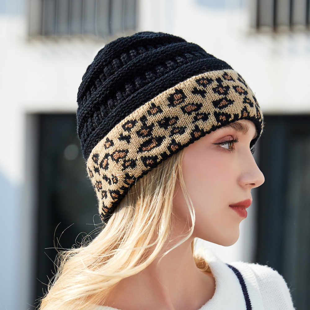 Mode Leopard Print Frauen Hut Und Schal Set Herbst Winter Gestrickte Mützen Hüte Für Frauen Zwei Stück Sets
