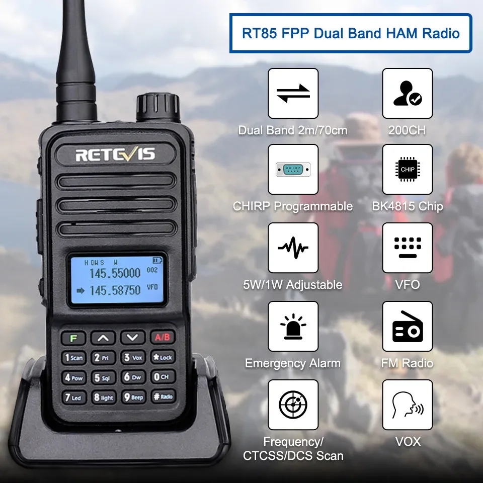 Retevis RT85 Walkie Talkie de largo alcance Ham estación de Radio bidireccional Walkie-talkies VHF UHF banda Dual Amateur Radio portátil senderismo