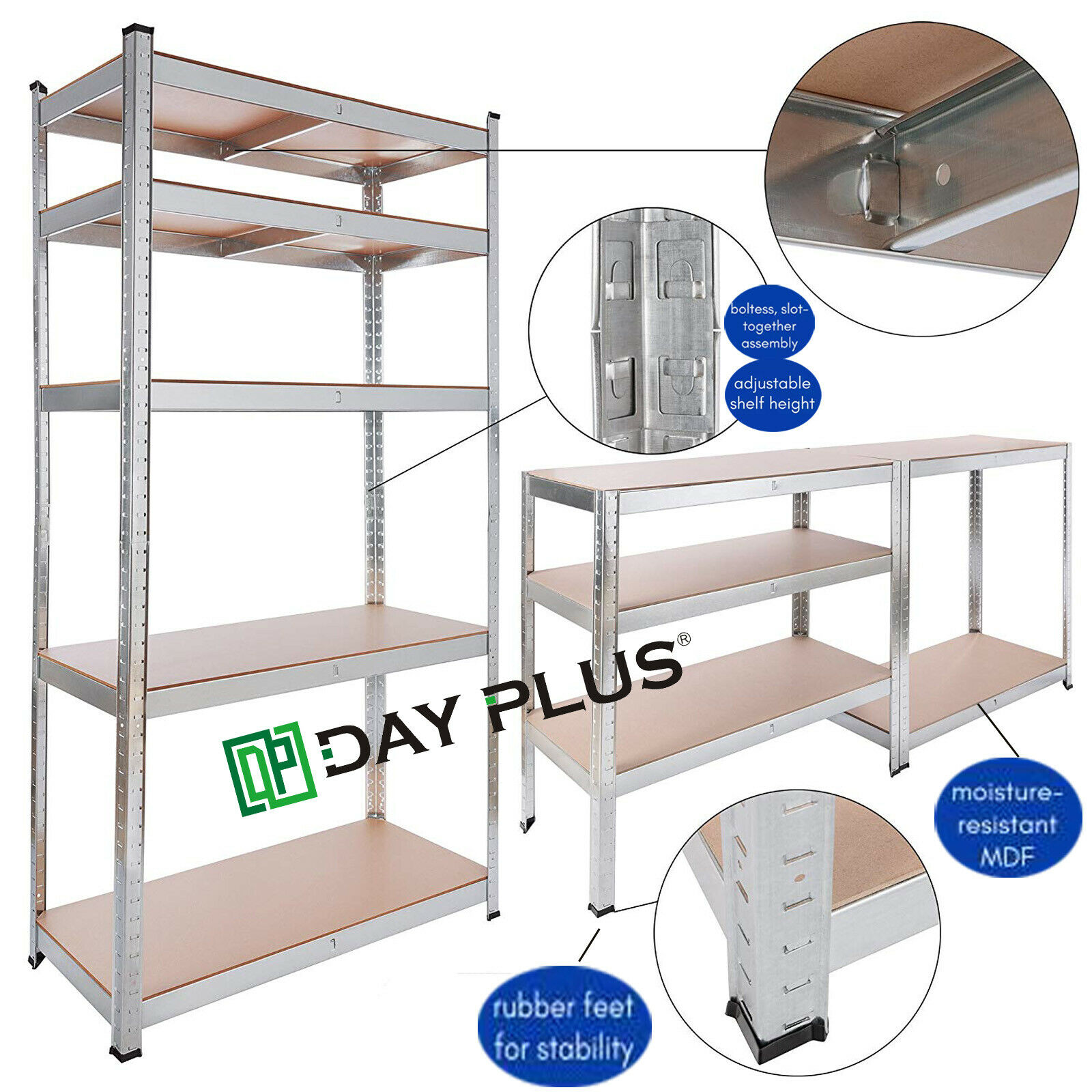 5 Tier Metel Garage Shelf Unit 150x70x30cm, Heavy Duty, Boltless Design, for Warehouse Workshop Office, 875kg Total Capacity