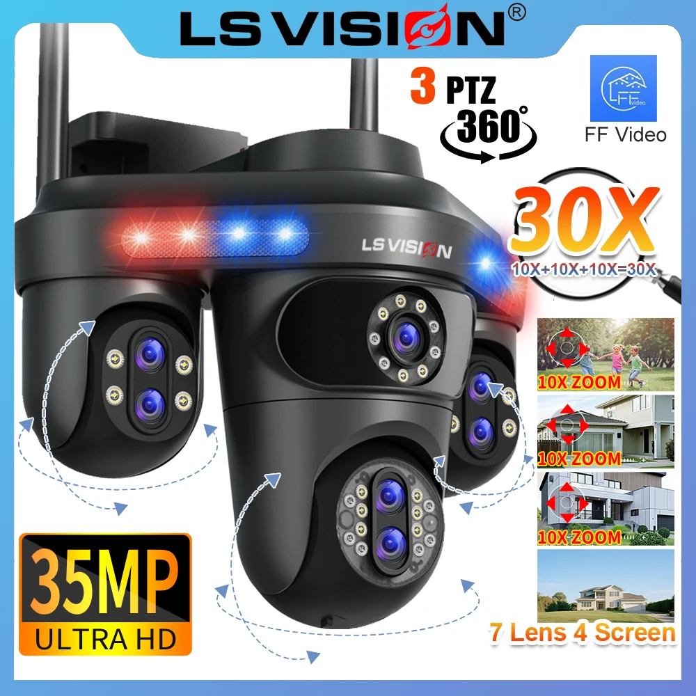 LS VISION 10XZoom 4 pantallas WiFi cámara IP al aire libre 35MP 7 lentes videovigilancia tres 360 PTZ cámaras de seguridad de seguimiento automático