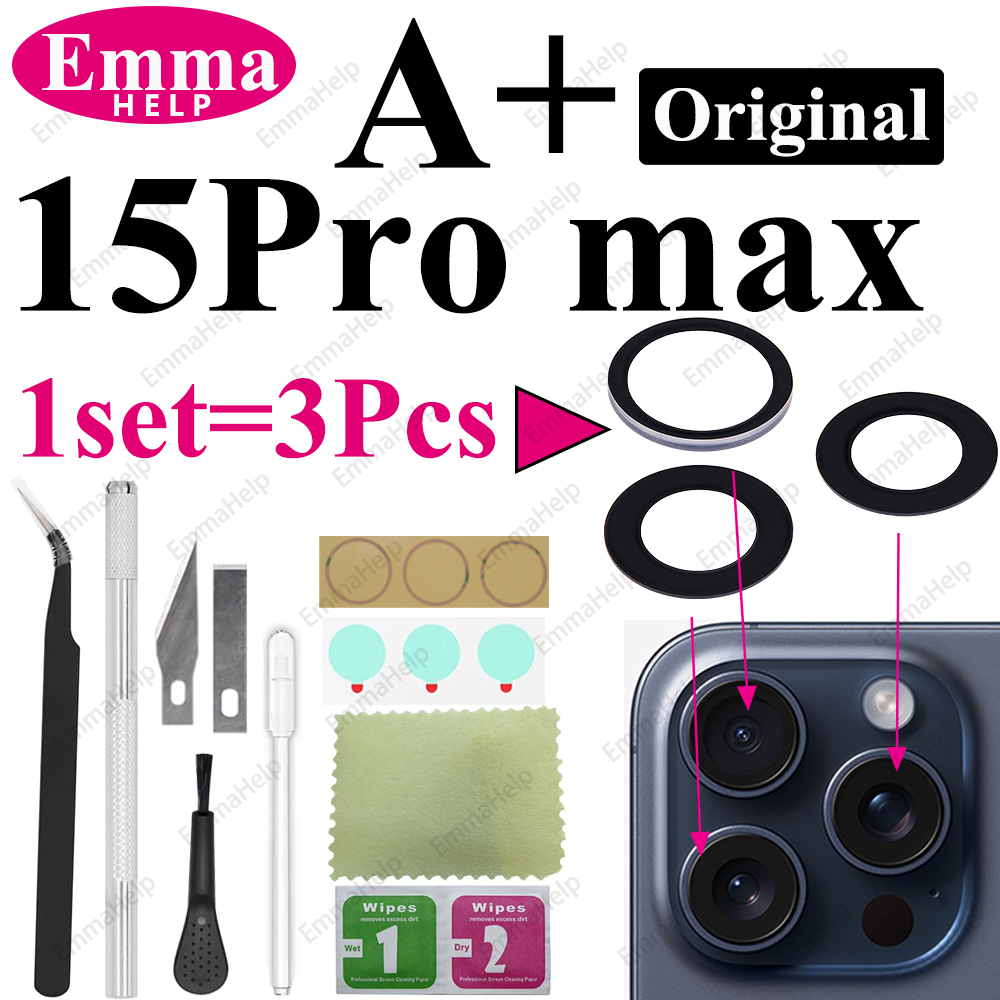 1 Satz Original-Saphir-Rückkameraobjektivglas für iPhone 15 14 13 12 11 Pro Max Plus Mini mit selbstklebendem Reparaturwerkzeug-Set