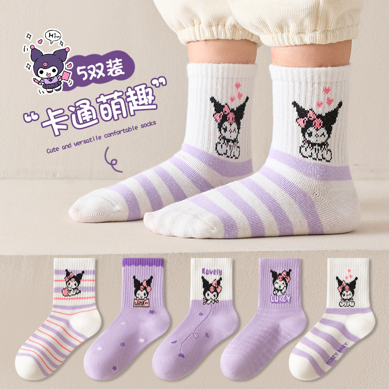 5 paia di calzini per bambini Hello Kitty Kawaii New Summer Cartoon 1-12 anni Calzino in cotone a metà polpaccio per regali per ragazze e ragazzi