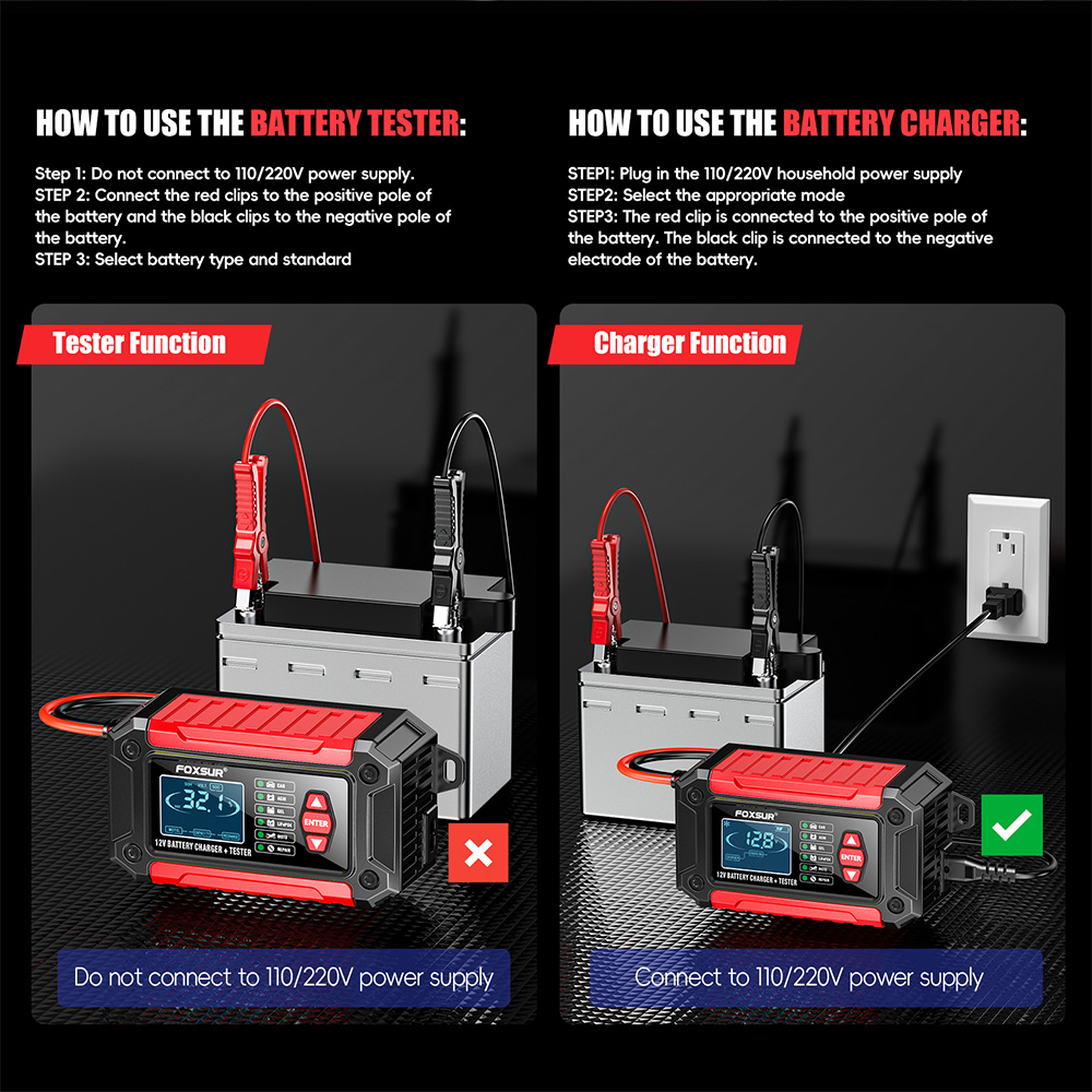 12V 2-in-1 スマートカーバッテリー充電器とテスター車オートバイバッテリーアナライザー鉛酸 AGM ゲルリチウム LiFePo4 電池用