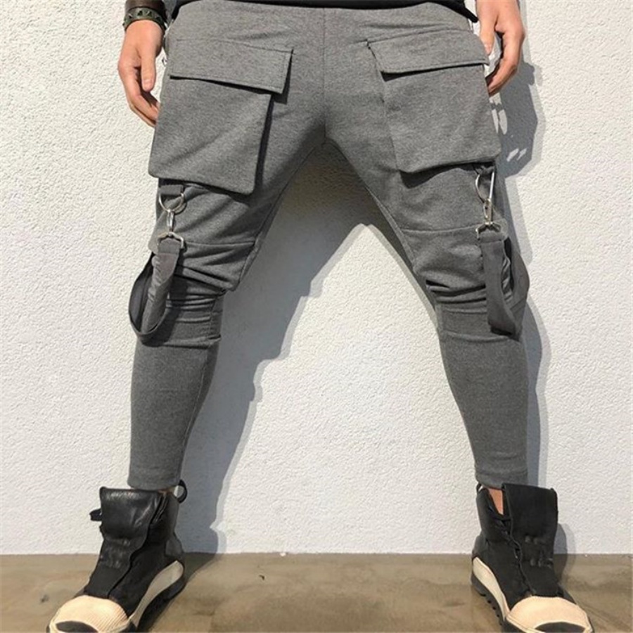 Nova moda masculina primavera e outono calças hip hop bolso grande casual fino-ajuste moletom masculino pés pequenos calças de carga