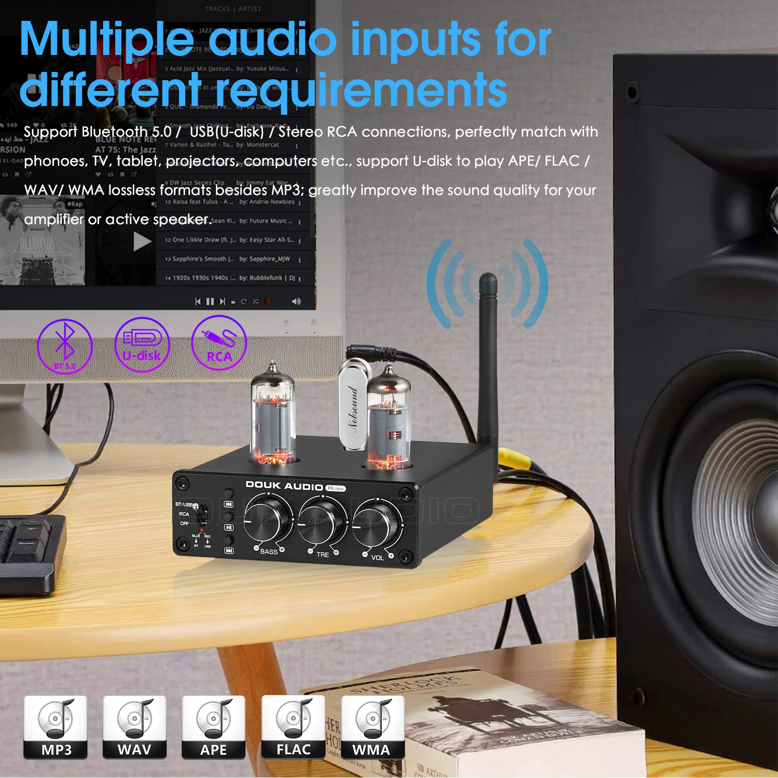 Douk Audio HiFi Bluetooth 5.0 Valve Tube Preamp Stereo Receiver USB Player Home Desktop Pre-amplifier w/Treble Bass Control
