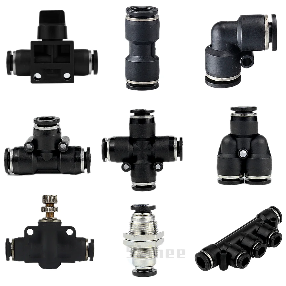 Chất Lượng Cao Màu Đen Bằng Khí Nén Lắp Đầu Nối Ống Ống Không Nhanh Phụ Kiện 3/4/6/8/10/12/14/16Mm PU PY PK PE PV SA HVFF PZA PM