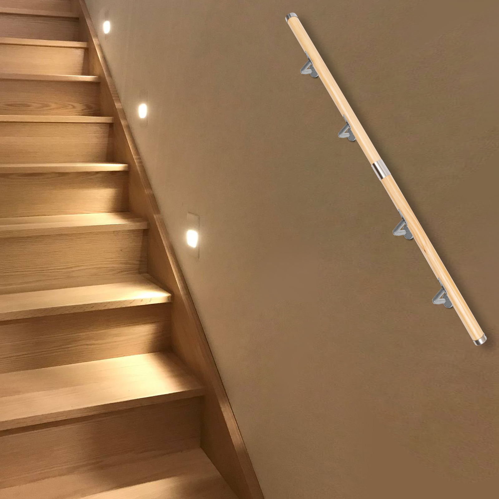 5ft Wooden Handrails Non-Slip Stair Railing Wall Mount Handrail Grab Bar Handrails Support Rod for Home Garden Corridor Lofts