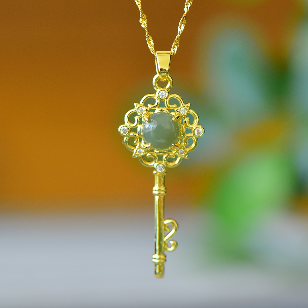 Colgante con incrustaciones de cobre para mujer, colgante con forma de Llave de Oro, Jade hetiano Natural, collar de moda, regalos de joyería