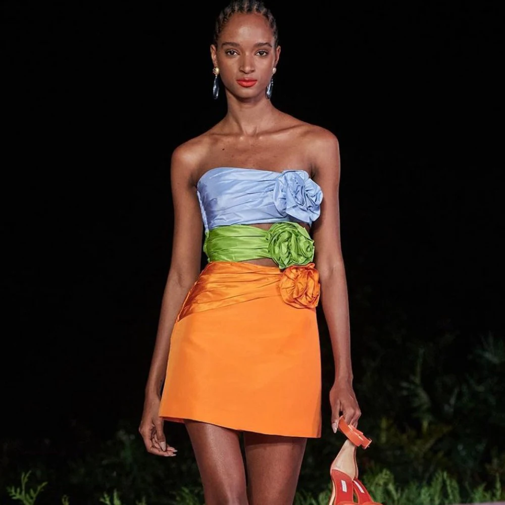 Vestido de fiesta sin tirantes Tricolor para mujer, minivestido largo recortado, ropa con flores, vestidos de cóctel personalizados