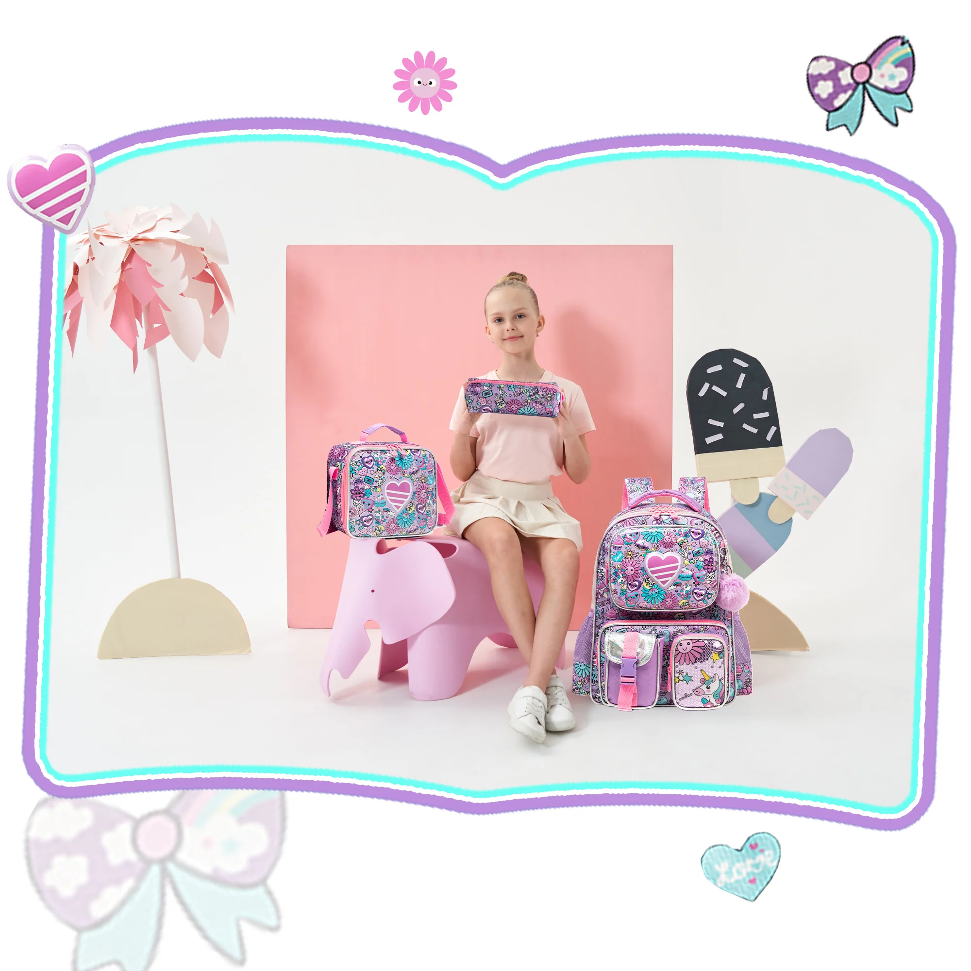 Mochila escolar para meninas com lancheira, estojo para lápis, design de casca dura com vários bolsos, alças ajustáveis para viagens escolares ou piqueniques