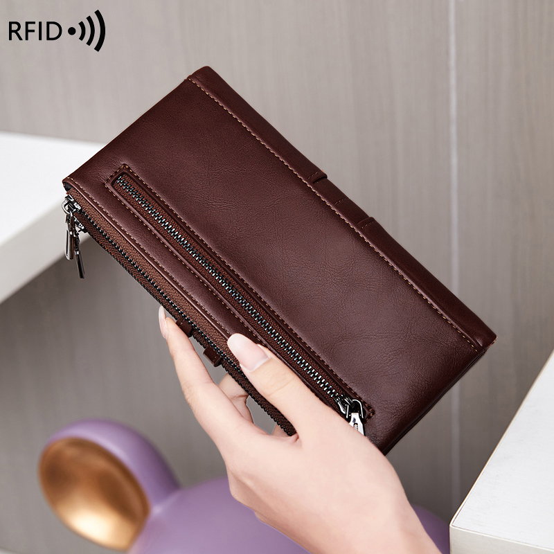 RFID Blocking Large Capacity Women's Purse, Solid Color, Soft Leather, Multi-functional Clutch Bag, Zipper, Men's Long Wallet