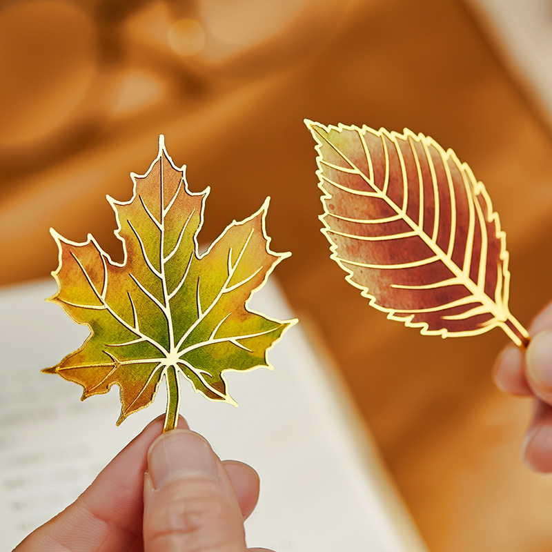 Exquisite Leaf Metal Bookmark with Metal Chain Pendant Maple Apricot Leaf Book Markers Reading Accessories Student Stationery