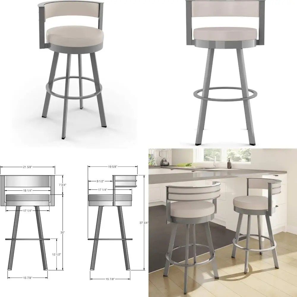 30 inch swivel bar stool with upholstered back, cream faux leather seat and glossy grey metal frame for kitchen island or bar