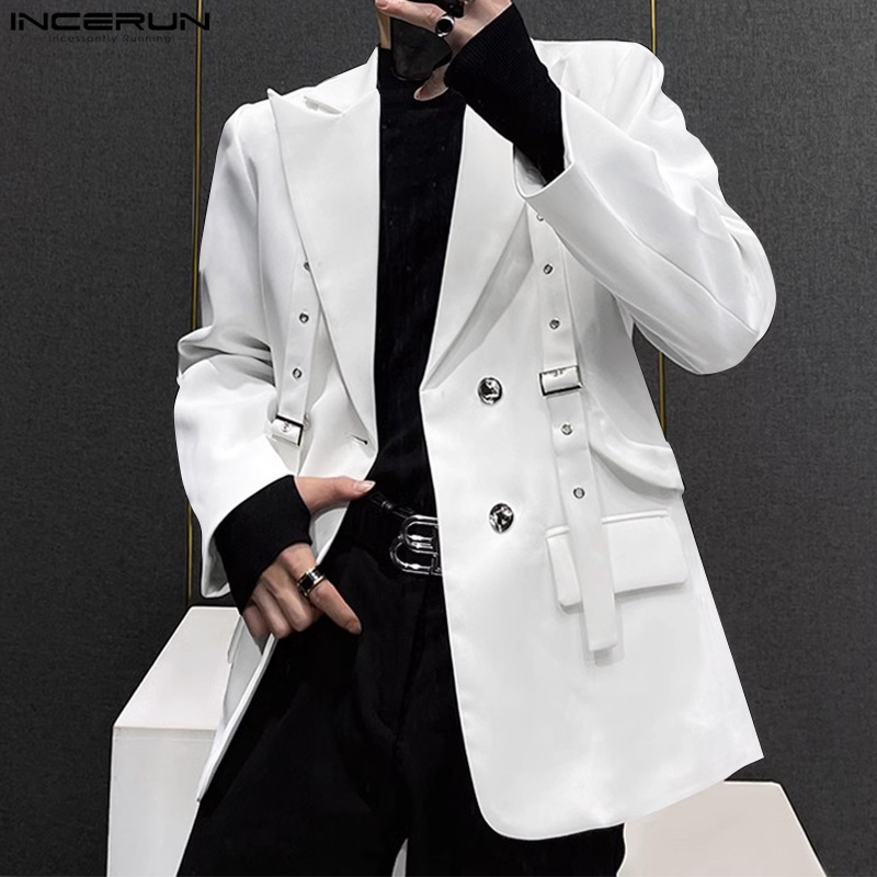 INCERUN koreańska moda męska marynarka Casual z długim rękawem jednolite topy kieszonkowy guzik Streetwear męskie stroje dobrze dopasowane płaszcze w stylu Vintage