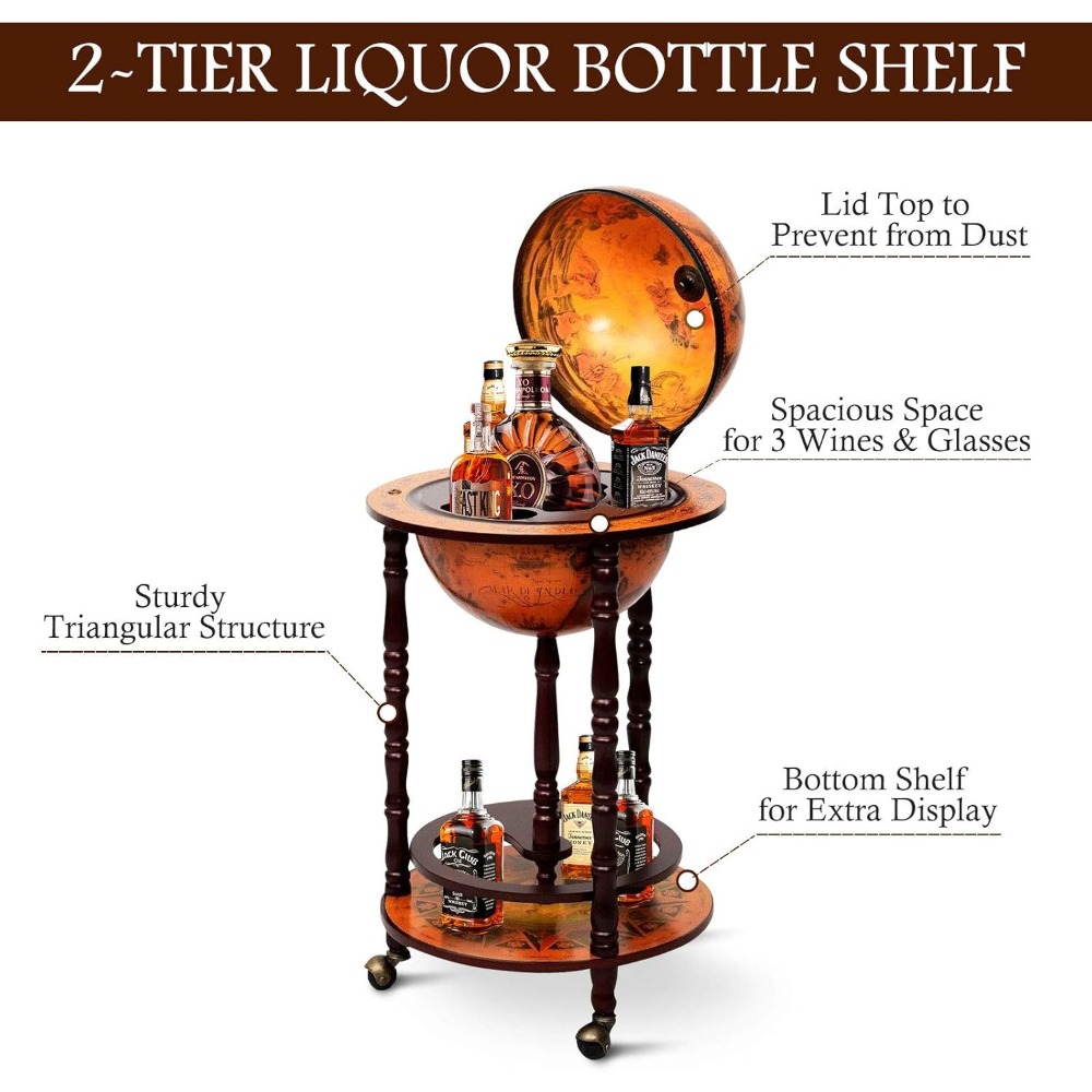 Wooden Globe Bar Wine Cooler, 16th Century Italian Replica Bar Rack, Vintage Wine Cooler with Wine Racks
