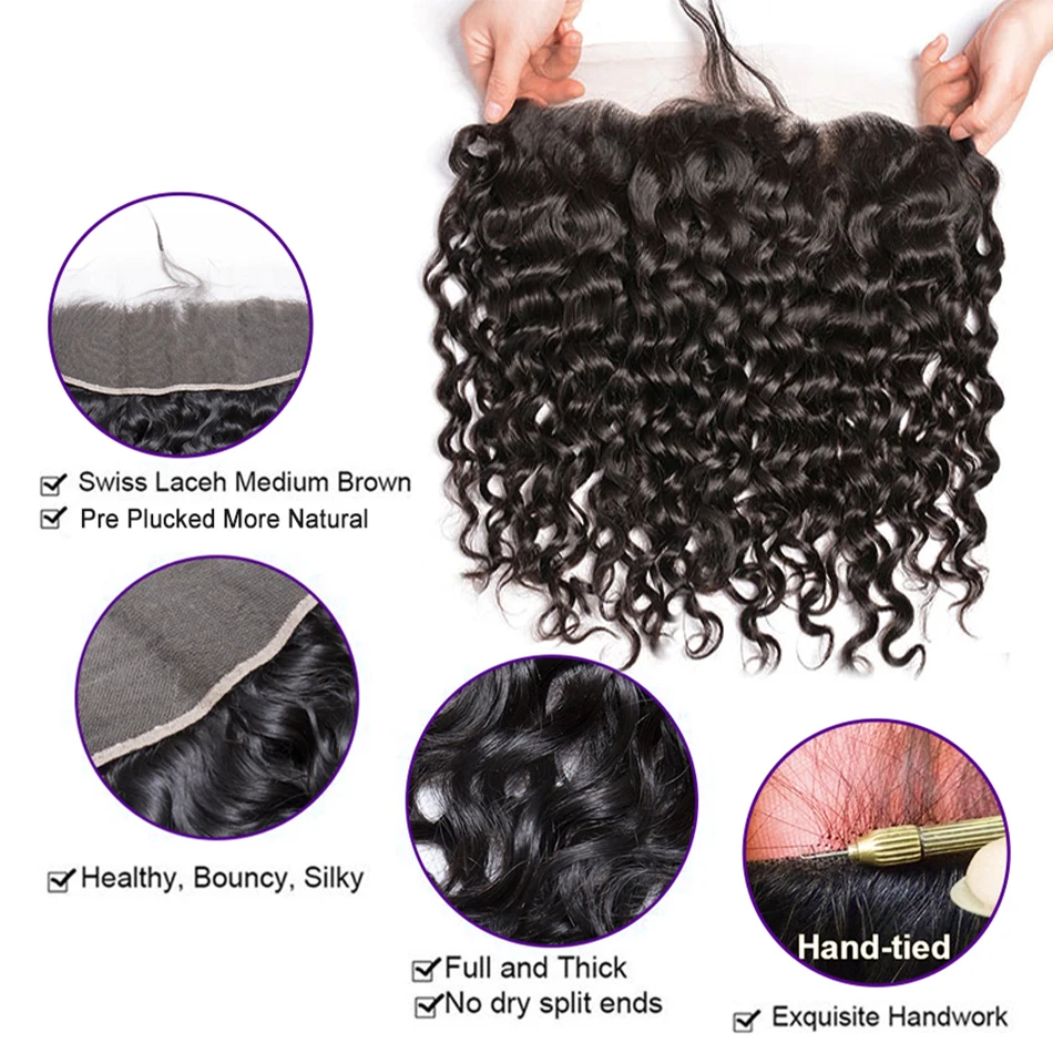 12a onda de água pacotes com frontal molhado e ondulado virgem encaracolado solto onda profunda 100% pacotes de cabelo humano com fechamento cabelo peruano