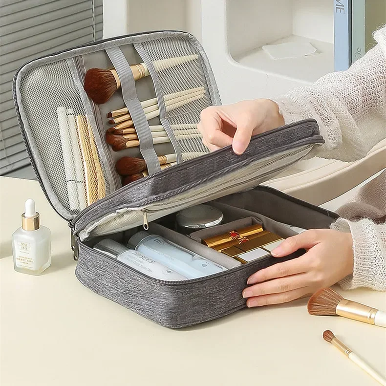 Bolsa de maquillaje de Color sólido a la moda, organizador de cosméticos de viaje de gran capacidad, bolsa de aseo portátil para mujer