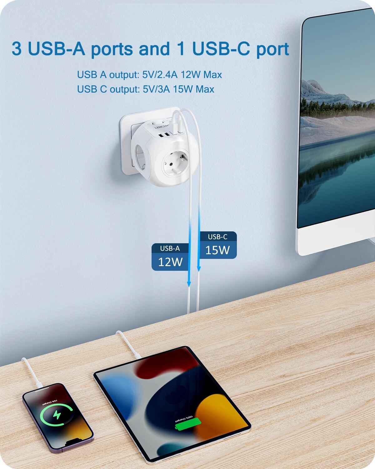 LENCENT EU プラグ壁ソケットエクステンダー 4 AC コンセント + 3 USB + 1 タイプ C 5V/3A 充電アダプター 8-in-1 ソケットオン/オフスイッチ