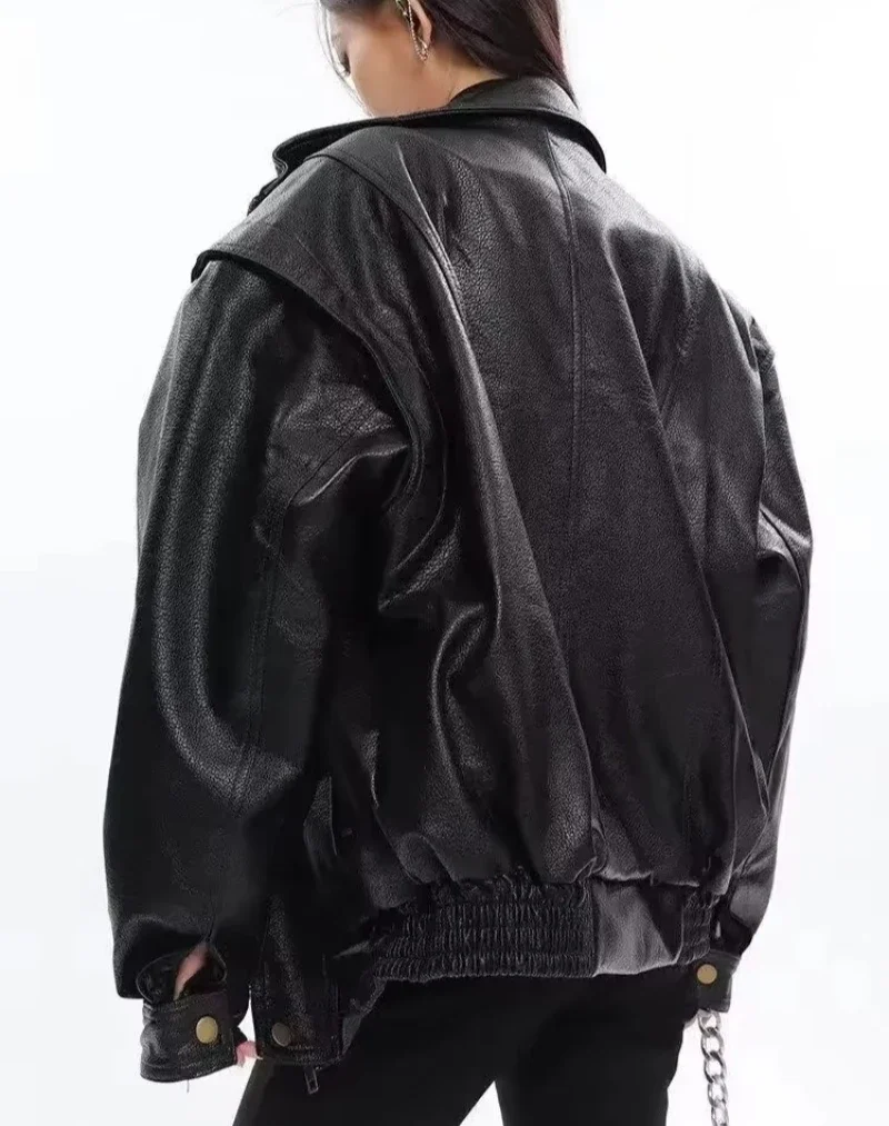 Veste en cuir Vintage pour femmes, manteau surdimensionné de Style coréen pour femmes, coupe-vent de printemps en PU, veste d'aviateur ample unisexe en fausse fourrure