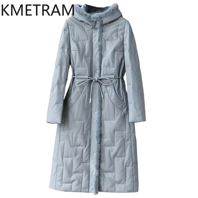 Pufferjacke aus 100 % Schaffell, Damenbekleidung, luxuriöse lange Daunenmäntel, 2024, Winter-Nerzpelzjacken, Taille zurückziehen, Пухок Ж Diego