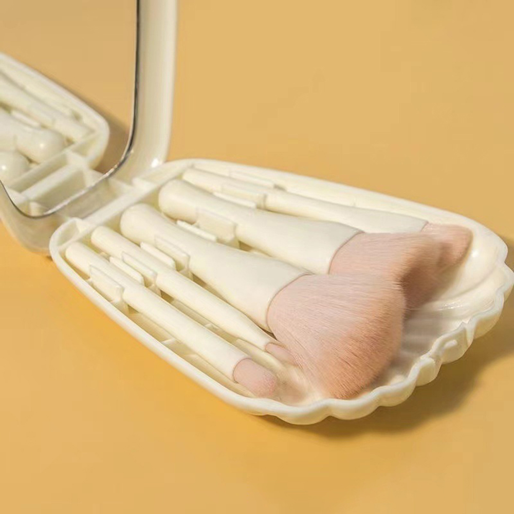 Mini Makeup Brush Set with Mirror Portable Makeup Brush Set, Shell Portable Travel Makeup Brush Set 5 Sizes Brush Mini Complete