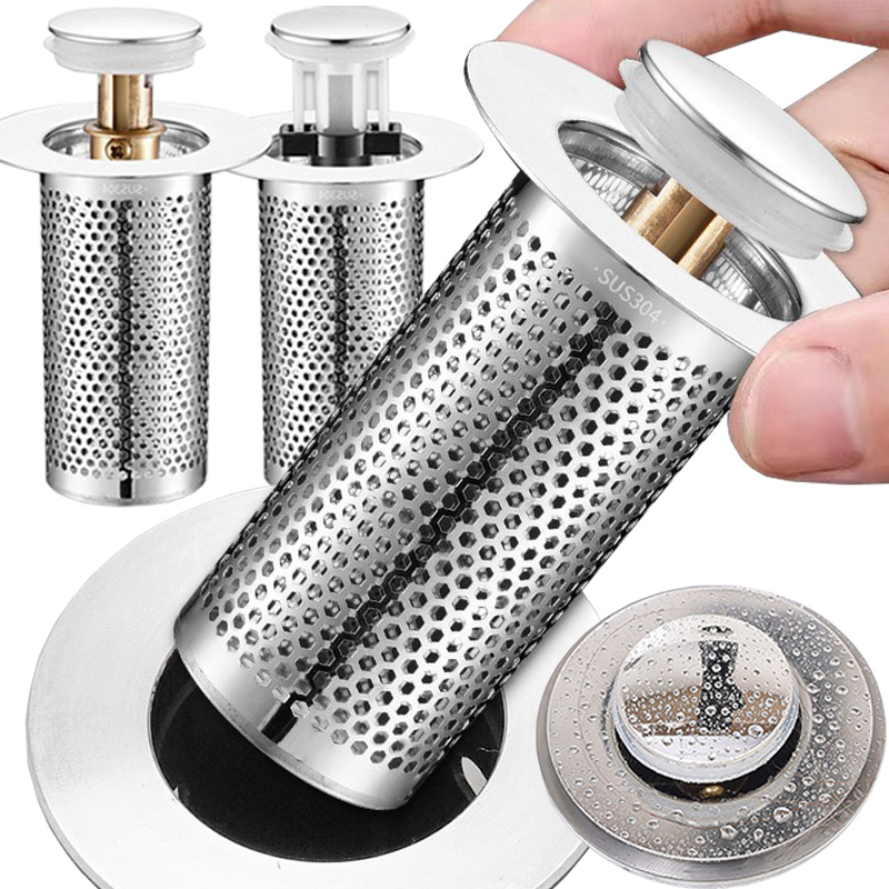 Filtro de drenaje de suelo de acero inoxidable, tapón de lavabo con núcleo de rebote emergente, tapón de lavabo, colector de pelo antiobstrucción, colador de fregadero de ducha