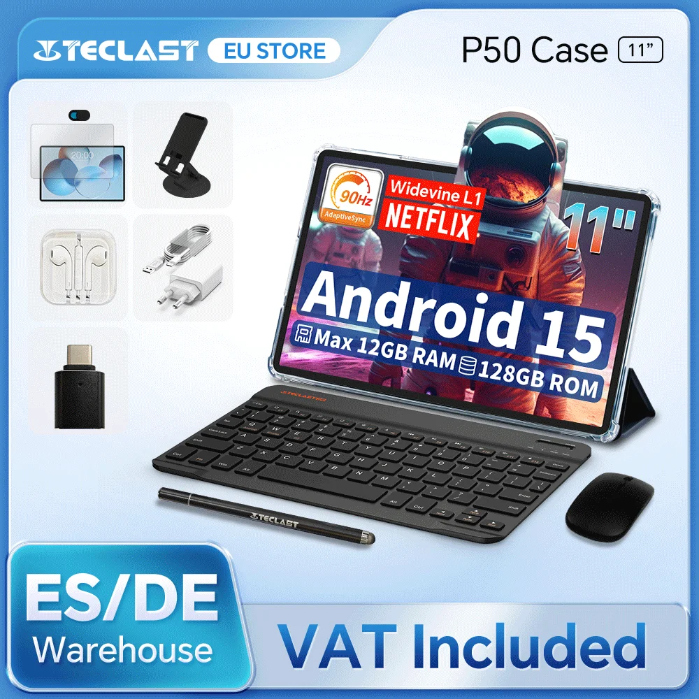 Teclast P50 Case Android 15 Tableta 11" 90Hz Máx 12GB (4GB+8GB Expansión) Ram 128 GB ROM T606 8-Core WideVine L1 7000MAH Tipo-C