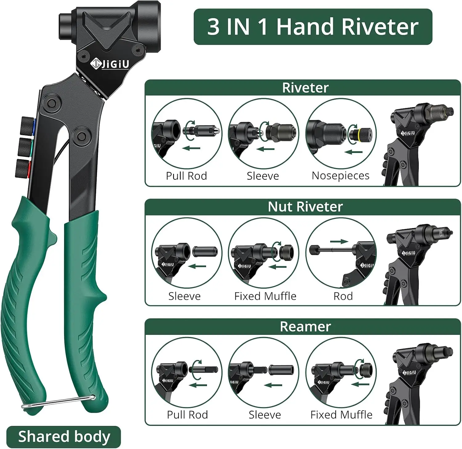 JiGiU 3-in-1 Rivet Nut Tool, Rivet Gun, Reamer Set, 360° Swivel Head, 4 Mandrels, 40 Rivets, 40 Nuts, Carrying Case.