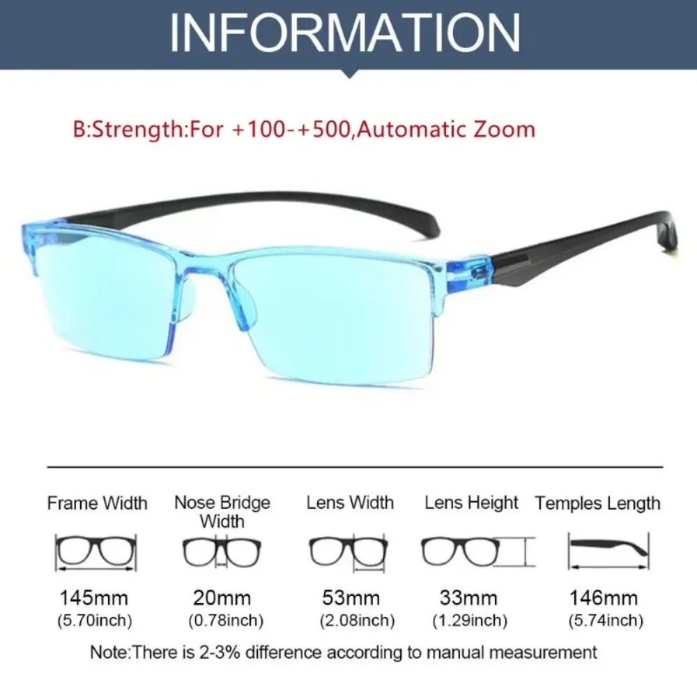 Óculos de leitura sem aro automáticos inteligentes, ultraleves, anti raio azul, proteção contra radiação, óptico, unisex, zoom