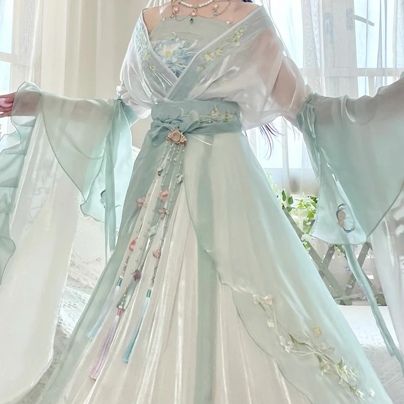 Hanfu 8 개/대 드레스 여성 고대 중국 전통 Hanfu 세트 여성 요정 코스프레 의상 복장 여름 Hanfu Ligiht Green
