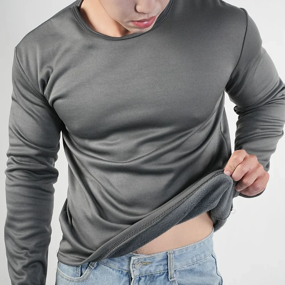 2pcs Winter Thermal Underwear Mens O Neck Fleece Bottoming Shirt Long Sleeved T Shirt Tops Solid Color Large Size Undershirt